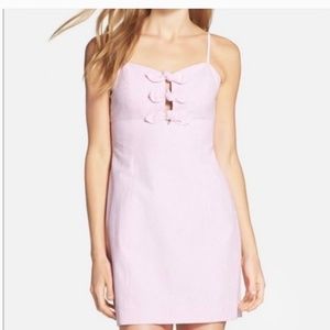 Lilly Pulitzer Petra Seersucker Pink White Pinstriped Dress Front bows